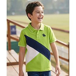 Pine Kids Cotton Knit Half Sleeves Textured Polo T-Shirt with Brand Logo - Neon Green