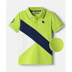 Pine Kids Cotton Knit Half Sleeves Textured Polo T-Shirt with Brand Logo - Neon Green
