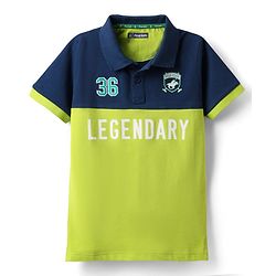 Pine Kids Cotton Knit Half Sleeves Cut & Sew Polo T-Shirt with Legendary Text Print - Neon Green & Navy Blue