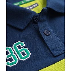 Pine Kids Cotton Knit Half Sleeves Cut & Sew Polo T-Shirt with Legendary Text Print - Neon Green & Navy Blue
