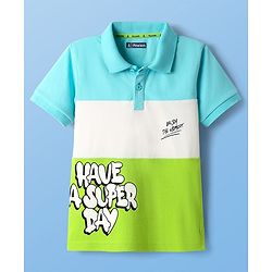 Pine Kids Cotton Knit Half Sleeves Cut & Sew Polo T-Shirt with Text Print - Light Green White & Aqua Blue