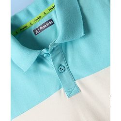 Pine Kids Cotton Knit Half Sleeves Cut & Sew Polo T-Shirt with Text Print - Light Green White & Aqua Blue
