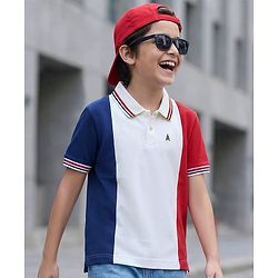 Pine Kids Cotton Knit Half Sleeves Cut & Sew Polo T-Shirt - Red Navy Blue & White