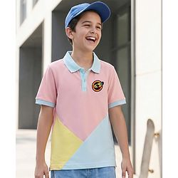 Pine Kids Cotton Knit Half Sleeves Cut & Sew Polo T-Shirt with Badge - Pink & Yellow