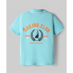 Pine Kids Cotton Knit Half Sleeves Polo T-Shirt with Front & Back Sailing Club Print - Light Blue