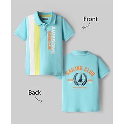 Pine Kids Cotton Knit Half Sleeves Polo T-Shirt with Front & Back Sailing Club Print - Light Blue