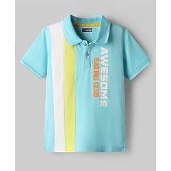 Pine Kids Cotton Knit Half Sleeves Polo T-Shirt with Front & Back Sailing Club Print - Light Blue