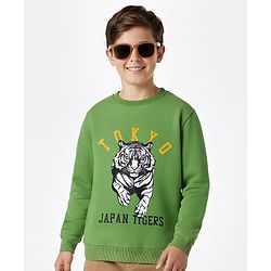 Pine Kids Knit Full Sleeves Pullover Sweatshirt with Tiger Print - Green