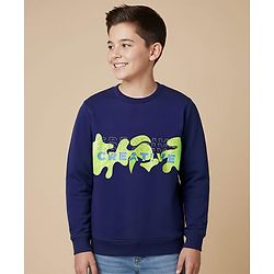 Pine Kids Knit Full Sleeves Sweatshirt With Creative Print - Navy Blue