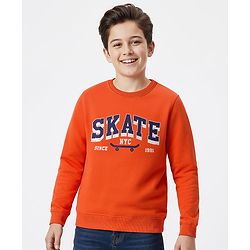 Pine Kids Knit Full Sleeves Sweatshirt With Skateboarding Print - Rust Orange