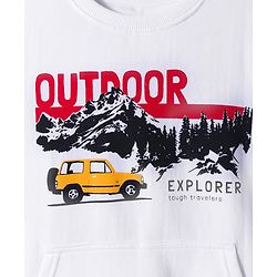 Pine Kids Knit Full Sleeves Pullover Sweatshirt with Travel Theme Print & Kangaroo Pocket - White