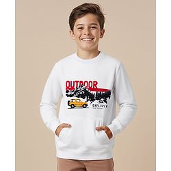 Pine Kids Knit Full Sleeves Pullover Sweatshirt with Travel Theme Print & Kangaroo Pocket - White