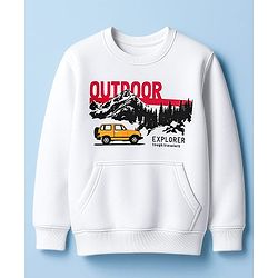 Pine Kids Knit Full Sleeves Pullover Sweatshirt with Travel Theme Print & Kangaroo Pocket - White