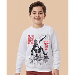 Pine Kids Knit Full Sleeves Sweatshirt With Skateboarding Print - White