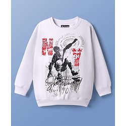 Pine Kids Knit Full Sleeves Sweatshirt With Skateboarding Print - White