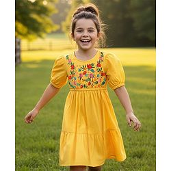 Pine Kids 100% Cotton Half Sleeves Floral Embroidered Frock - Yellow