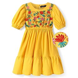 Pine Kids 100% Cotton Half Sleeves Floral Embroidered Frock - Yellow
