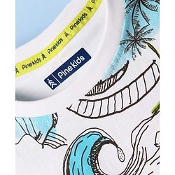 Pine Kids Cotton Knit Half Sleeves T-Shirt with Beach Theme Print - White
