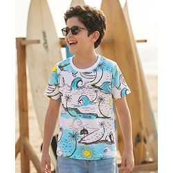Pine Kids Cotton Knit Half Sleeves T-Shirt with Beach Theme Print - White
