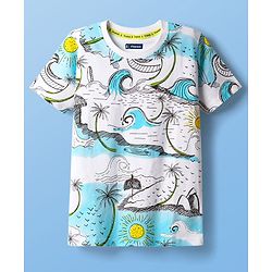 Pine Kids Cotton Knit Half Sleeves T-Shirt with Beach Theme Print - White