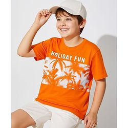 Pine Kids Cotton Knit Half Sleeves T-Shirt with Holiday Print - Orange