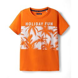 Pine Kids Cotton Knit Half Sleeves T-Shirt with Holiday Print - Orange