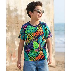 Pine Kids Cotton Knit Half Sleeves T-Shirt with Leaves Print - Navy Blue