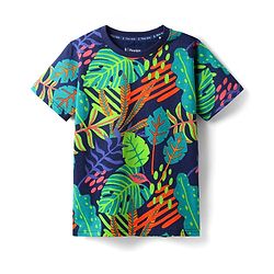 Pine Kids Cotton Knit Half Sleeves T-Shirt with Leaves Print - Navy Blue