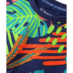 Pine Kids Cotton Knit Half Sleeves T-Shirt with Leaves Print - Navy Blue