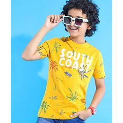 Pine Kids Cotton Knit Half Sleeves T-Shirt with Beach Theme Puff Print - Yellow