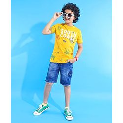 Pine Kids Cotton Knit Half Sleeves T-Shirt with Beach Theme Puff Print - Yellow