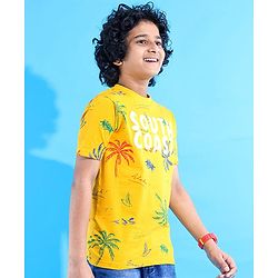 Pine Kids Cotton Knit Half Sleeves T-Shirt with Beach Theme Puff Print - Yellow