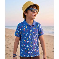 Pine Kids Cotton Knit Half Sleeves Polo T-Shirt with Confetti Print - Blue