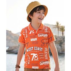 Pine Kids Cotton Knit Half Sleeves Polo T-Shirt with Beach Theme Print - Orange