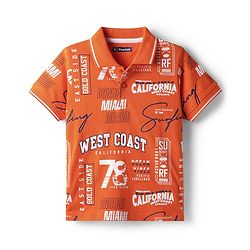 Pine Kids Cotton Knit Half Sleeves Polo T-Shirt with Beach Theme Print - Orange