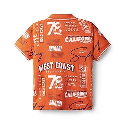 Pine Kids Cotton Knit Half Sleeves Polo T-Shirt with Beach Theme Print - Orange