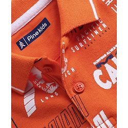 Pine Kids Cotton Knit Half Sleeves Polo T-Shirt with Beach Theme Print - Orange