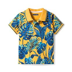 Pine Kids Cotton Knit Half Sleeves Polo T-Shirt with Beach Theme Print - Blue