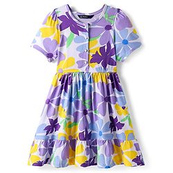 Pine Kids 100% Cotton Half Sleeves Floral Printed Tiered Frock - Purple