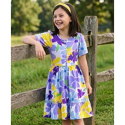 Pine Kids 100% Cotton Half Sleeves Floral Printed Tiered Frock - Purple