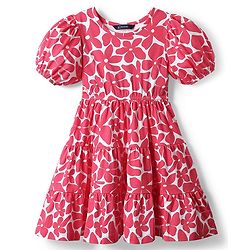 Pine Kids Cotton Knit Puffed Sleeves Frock with Floral Print - Dark Pink