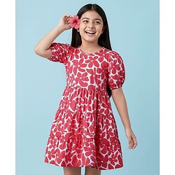 Pine Kids Cotton Knit Puffed Sleeves Frock with Floral Print - Dark Pink