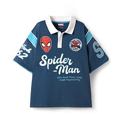Pine Kids Marvel Single Jersey Knit Half Drop Shoulder Sleeves Polo T-Shirt with Spider Man Graphics - Navy Blue
