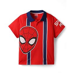 Pine Kids Marvel Single Jersey Knit Raglan Sleeves Polo T-Shirt with Front & Back Spider-Man Graphics - Red