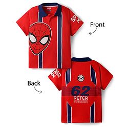 Pine Kids Marvel Single Jersey Knit Raglan Sleeves Polo T-Shirt with Front & Back Spider-Man Graphics - Red