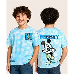 Pine Kids Disney Terry Knit Oversized Drop Shoulder Tie & Dye T-Shirts With Front & Back Mickey Mouse Graphics - Light Blue