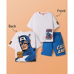 Pine Kids Marvel Single Jersey Drop Shoulder Half Sleeves T-Shirts & Short Set with Front & Back Captain America Graphics - White & Blue