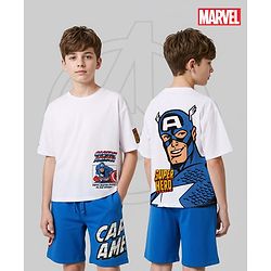 Pine Kids Marvel Single Jersey Drop Shoulder Half Sleeves T-Shirts & Short Set with Front & Back Captain America Graphics - White & Blue