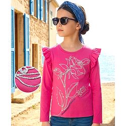 Pine Kids Cotton Knit Full Sleeves Top With Frill Detailing - Dark Pink