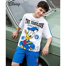 Pine Kids Disney Single Jersey Knit Half Sleeves Drop Shoulder T-Shirt & Shorts Set With Donald Duck Graphics - White & Blue